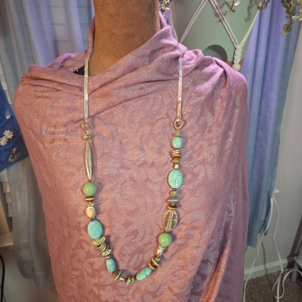 🦋Vintage Coldwater Creek Turquoise Silver Brown Artisan Bead Necklace Long 34"